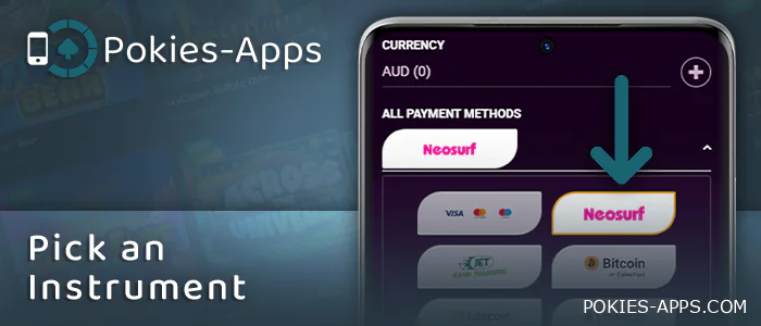 Choose a method to deposit in the Australian casino app