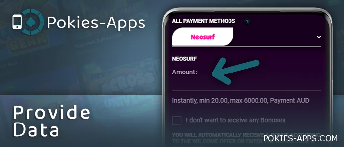 Enter deposit amount and other information in the Android casino app