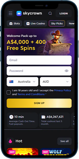 Screenshot of pokies iPhone app SkyCrown Casino